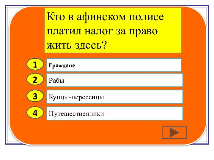 2 3 4 Рабы Купцы-пересенцы Путешественники Граждане 1 Кто в афинском