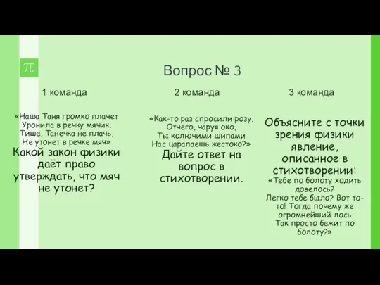 Вопрос № 3 «Наша Таня громко плачет Уронила в речку мячик.