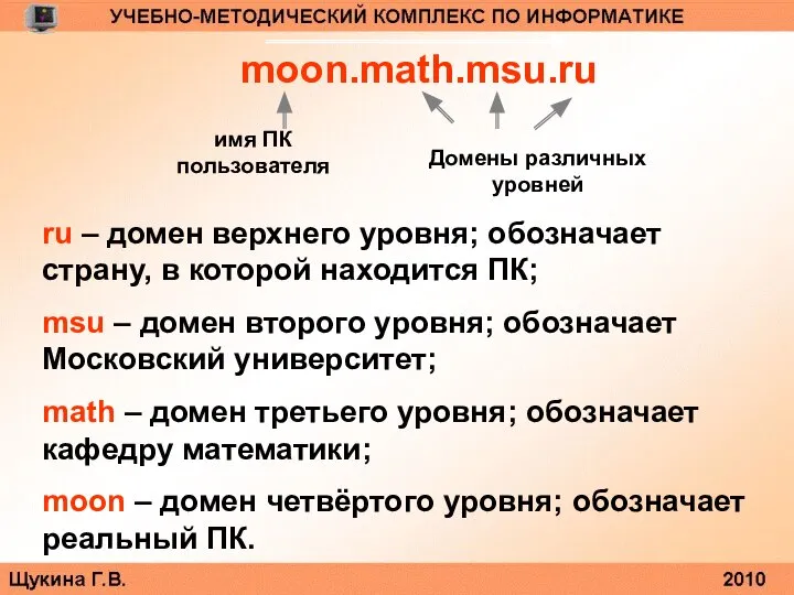 moon.math.msu.ru имя ПК пользователя Домены различных уровней ru – домен верхнего