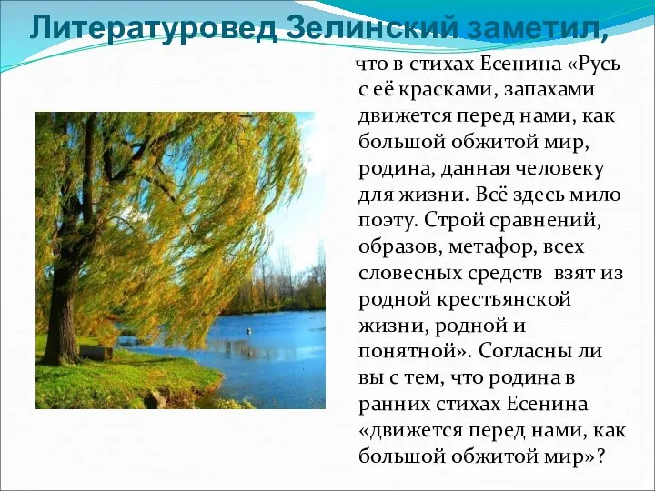 Литературовед Зелинский заметил, что в стихах Есенина «Русь с её красками,