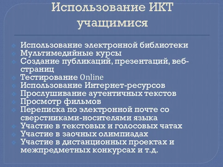 Использование ИКТ учащимися Использование электронной библиотеки Мультимедийные курсы Создание публикаций, презентаций,