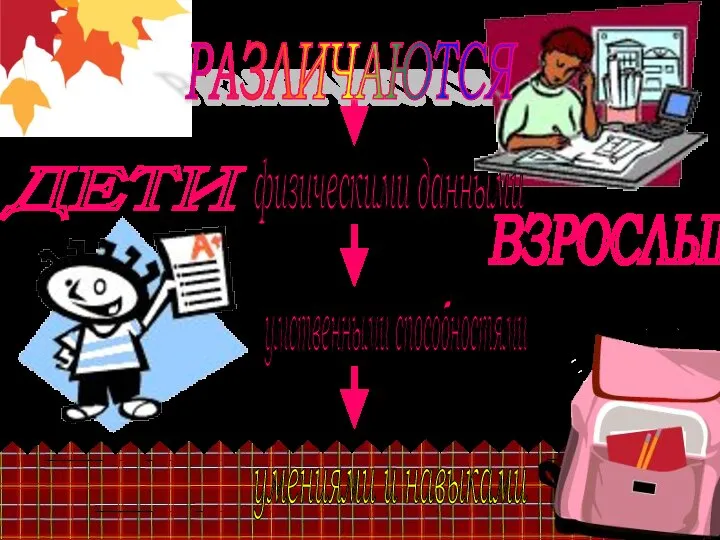 ВЗРОСЛЫЕ ДЕТИ РАЗЛИЧАЮТСЯ физическими данными умственными способностями умениями и навыками