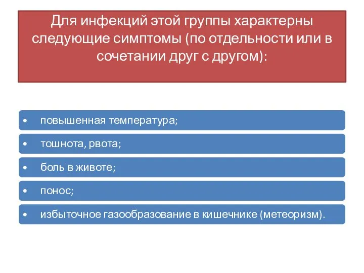 Для инфекций этой группы характерны следующие симптомы (по отдельности или в сочетании друг с другом):