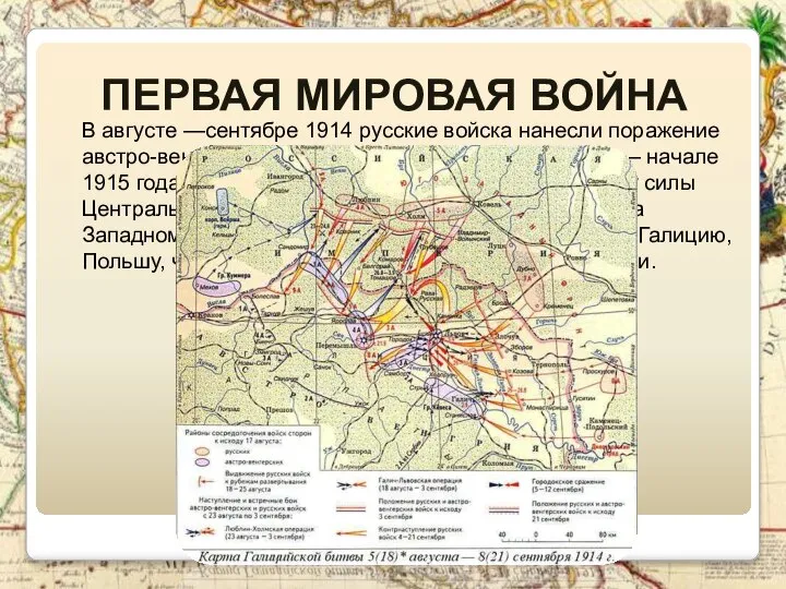 Первая мировая война В августе —сентябре 1914 русские войска нанесли поражение