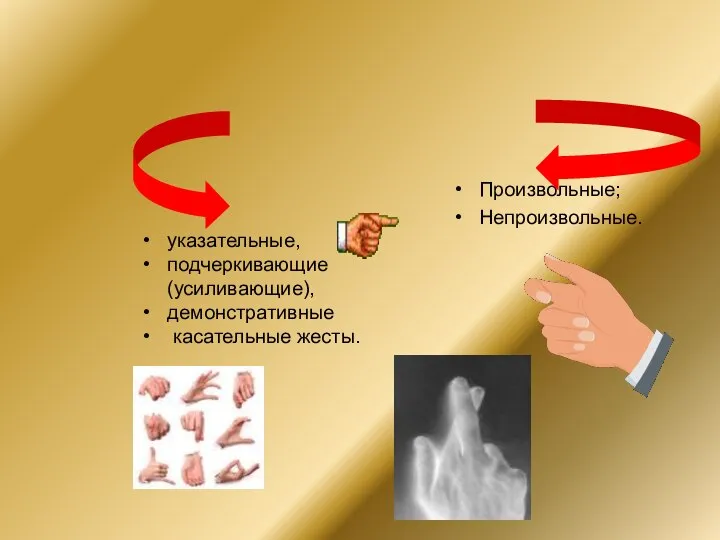 Пантомимика Жесты указательные, подчеркивающие (усиливающие), демонстративные касательные жесты. Произвольные; Непроизвольные.