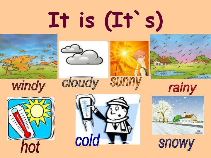 It is (It`s) sunny cold snowy rainy windy cloudy hot