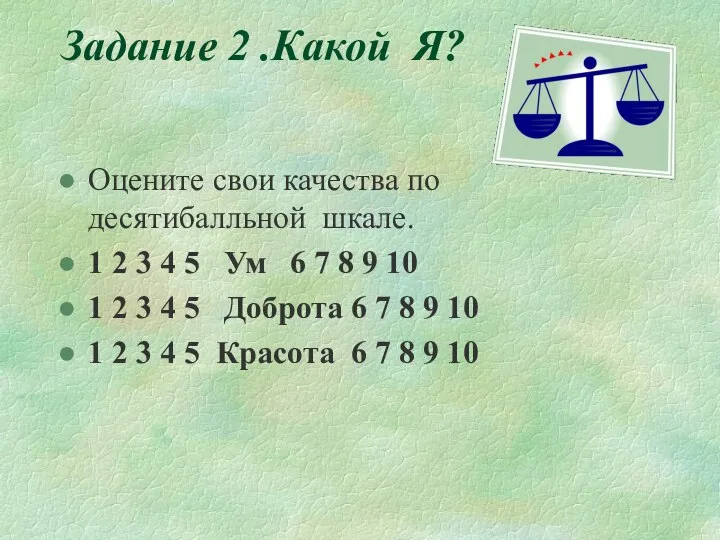 Задание 2 .Какой Я? Оцените свои качества по десятибалльной шкале. 1