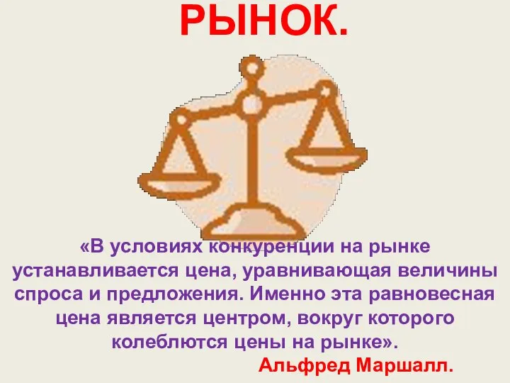 РЫНОК. «В условиях конкуренции на рынке устанавливается цена, уравнивающая величины спроса