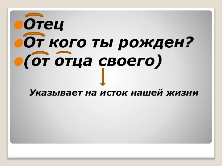 Отец От кого ты рожден? (от отца своего) Указывает на исток нашей жизни