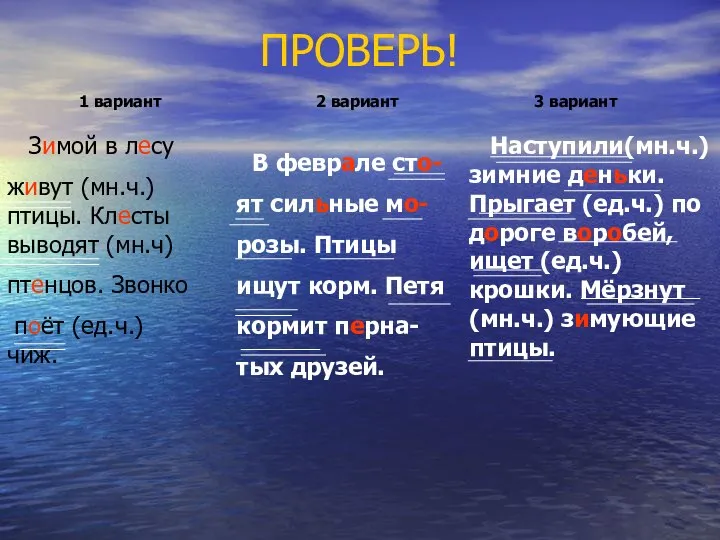 ПРОВЕРЬ! 1 вариант 2 вариант 3 вариант Зимой в лесу живут