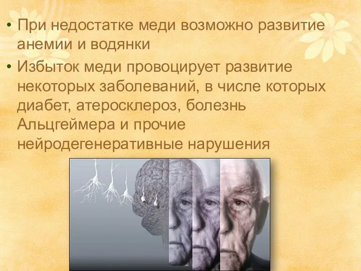 При недостатке меди возможно развитие анемии и водянки Избыток меди провоцирует