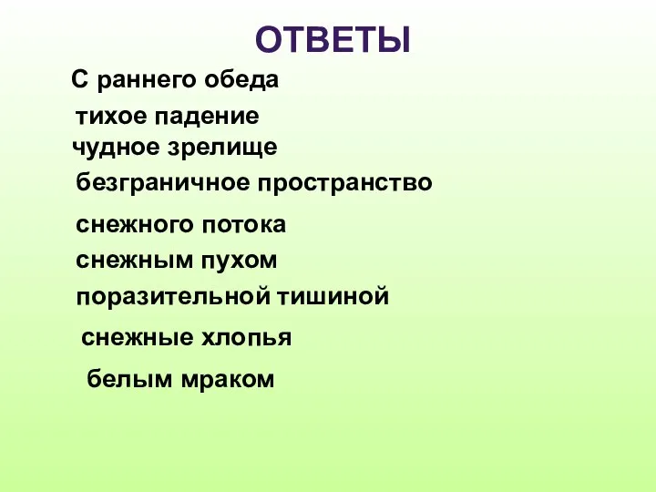 ОТВЕТЫ С раннего обеда тихое падение чудное зрелище безграничное пространство снежного