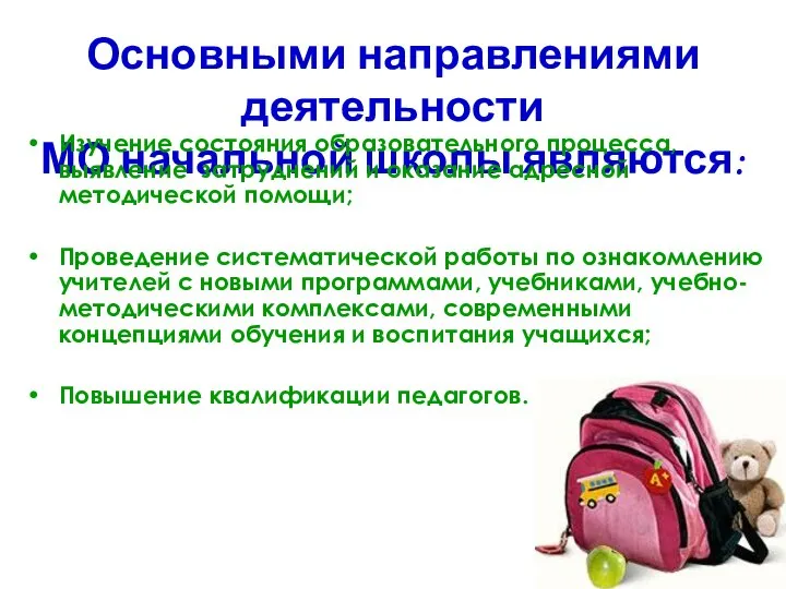 Основными направлениями деятельности МО начальной школы являются: Изучение состояния образовательного процесса,