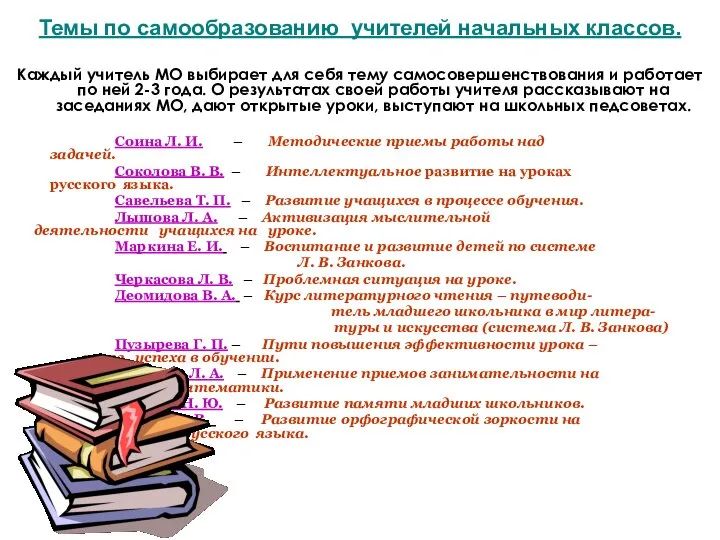 Темы по самообразованию учителей начальных классов. Каждый учитель МО выбирает для