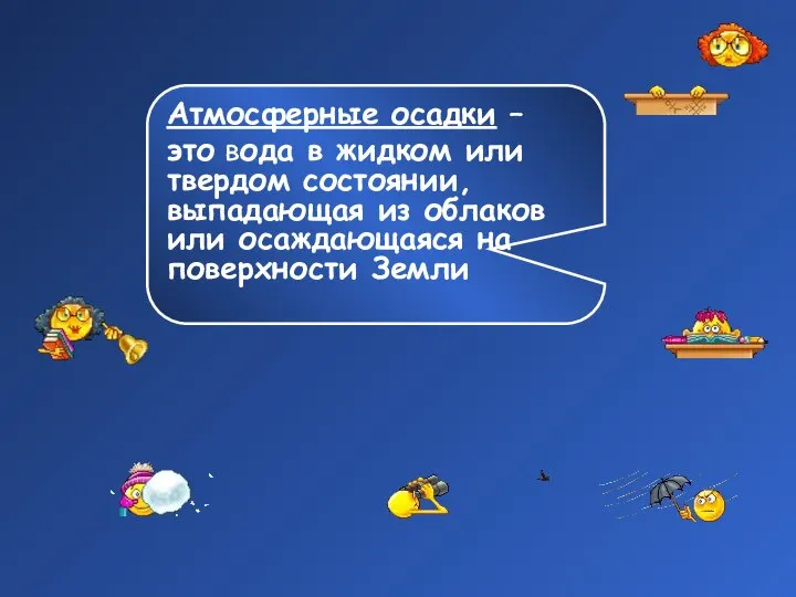 вспомните, что такое атмосферные осадки Атмосферные осадки – это вода в