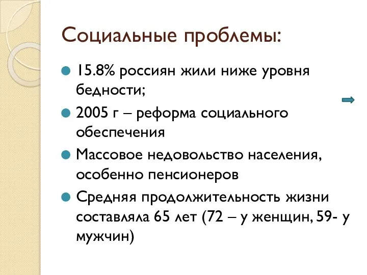 Социальные проблемы: 15.8% россиян жили ниже уровня бедности; 2005 г –