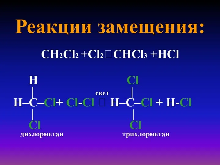 Реакции замещения: СН2Cl2 +Cl2?СHCl3 +НCl H Cl | свет | H–C–Cl+