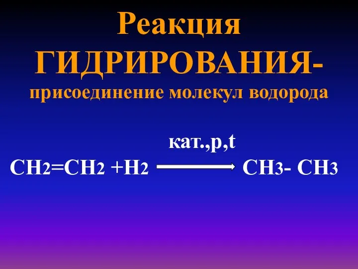 Реакция ГИДРИРОВАНИЯ- присоединение молекул водорода кат.,p,t СН2=СН2 +Н2 СН3- СН3