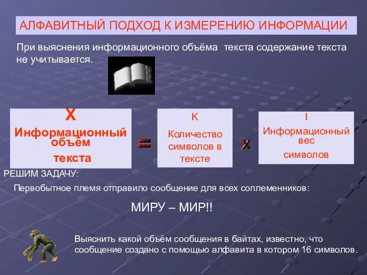 X Информационный объём текста K Количество символов в тексте I Информационный