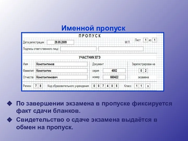 Именной пропуск По завершении экзамена в пропуске фиксируется факт сдачи бланков.