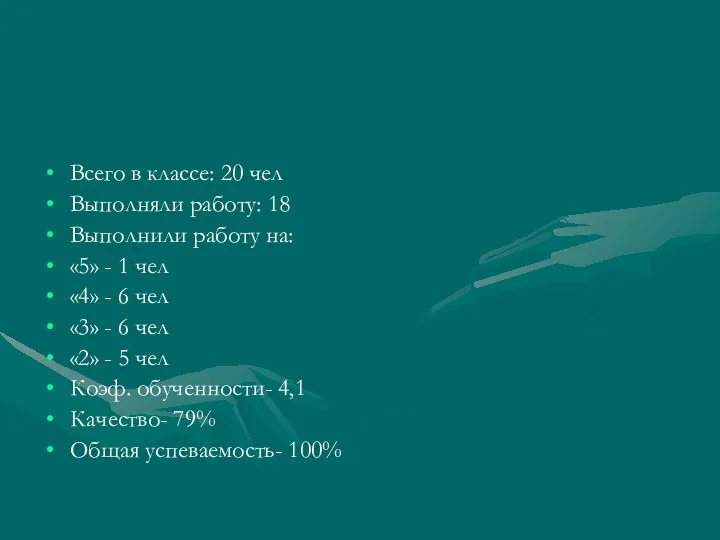 Всего в классе: 20 чел Выполняли работу: 18 Выполнили работу на: