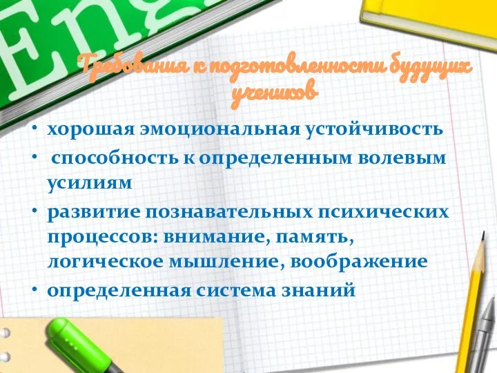 Требования к подготовленности будущих учеников хорошая эмоциональная устойчивость способность к определенным