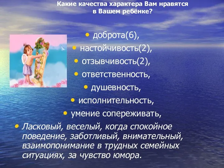 Какие качества характера Вам нравятся в Вашем ребёнке? доброта(6), настойчивость(2), отзывчивость(2),