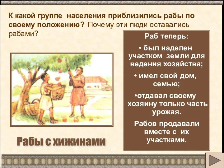 Раб теперь: был наделен участком земли для ведения хозяйства; имел свой