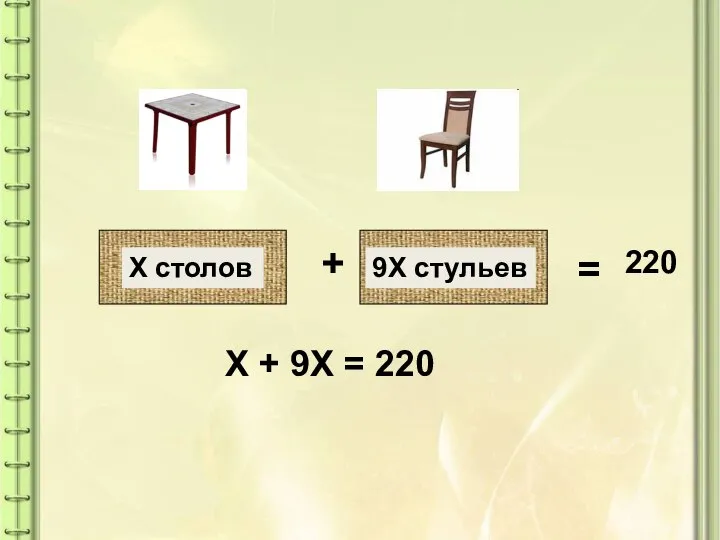 9Х стульев Х столов + = 220 Х + 9Х = 220