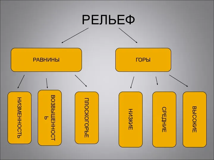 РЕЛЬЕФ РАВНИНЫ ГОРЫ НИЗМЕННОСТЬ ВОЗВЫШЕННОСТЬ ПЛОСКОГОРЬЕ НИЗКИЕ СРЕДНИЕ ВЫСОКИЕ