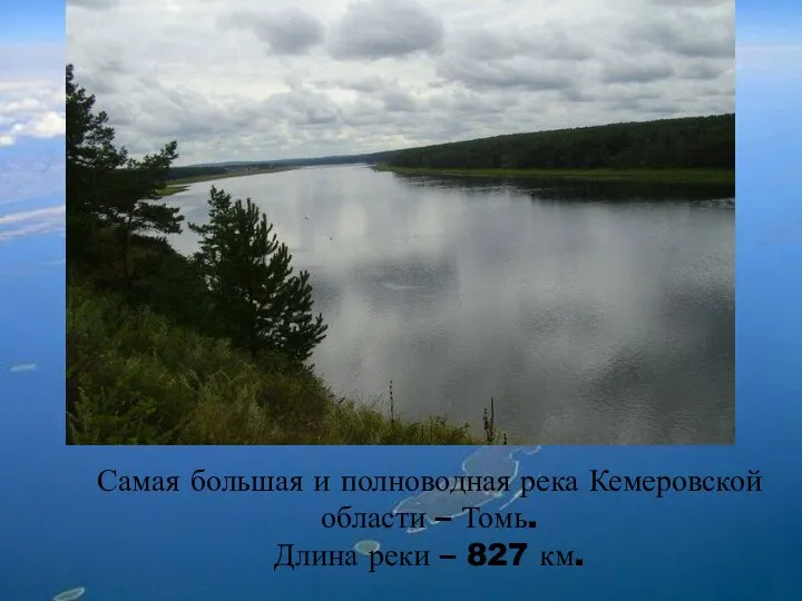 Самая большая и полноводная река Кемеровской области – Томь. Длина реки – 827 км.