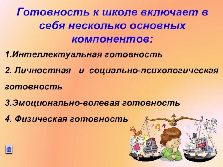 Готовность к школе включает в себя несколько основных компонентов: 1.Интеллектуальная готовность