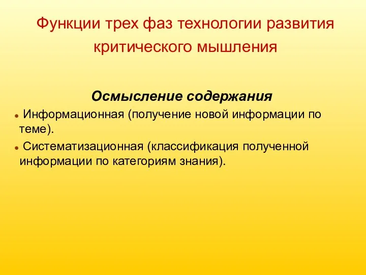 Функции трех фаз технологии развития критического мышления Осмысление содержания Информационная (получение