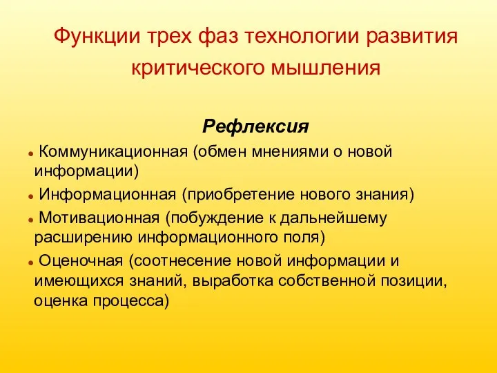 Функции трех фаз технологии развития критического мышления Рефлексия Коммуникационная (обмен мнениями