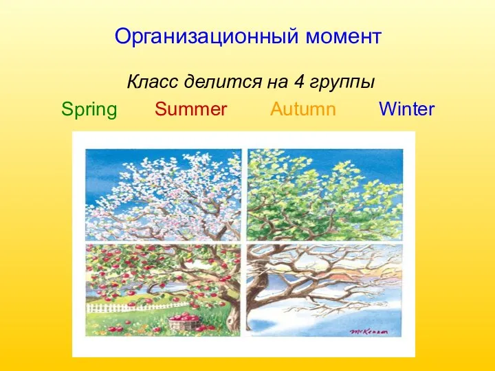 Организационный момент Класс делится на 4 группы Spring Summer Autumn Winter