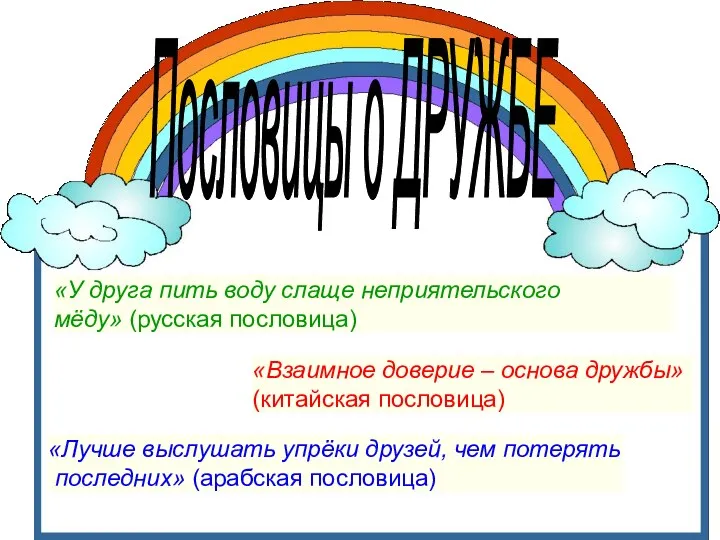 Пословицы о ДРУЖБЕ «У друга пить воду слаще неприятельского мёду» (русская