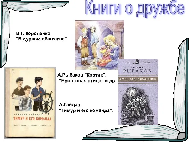 Книги о дружбе В.Г. Короленко "В дурном обществе" А.Рыбаков "Кортик", "Бронзовая