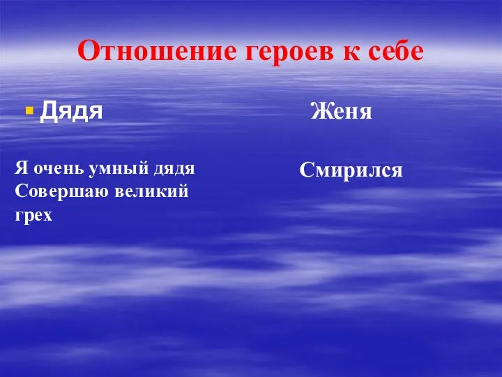 Отношение героев к себе Дядя Женя Я очень умный дядя Совершаю великий грех Смирился