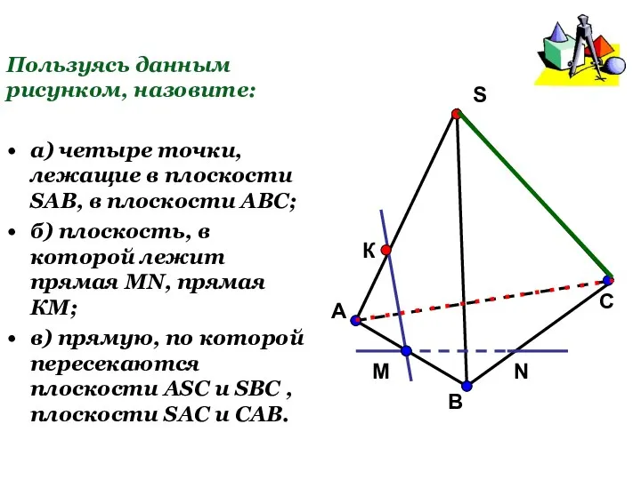 Пользуясь данным рисунком, назовите: а) четыре точки, лежащие в плоскости SAB,