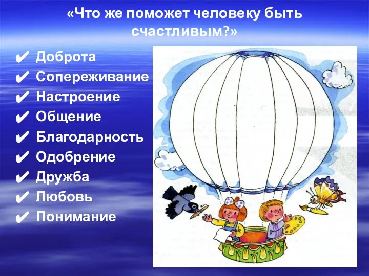 «Что же поможет человеку быть счастливым?» Доброта Сопереживание Настроение Общение Благодарность Одобрение Дружба Любовь Понимание