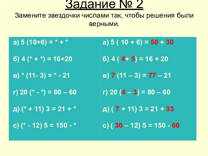 Задание № 2 Замените звездочки числами так, чтобы решения были верными.