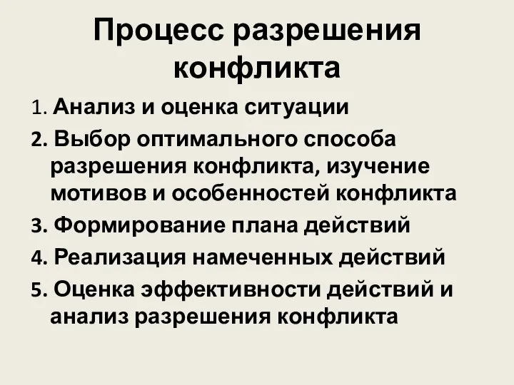 Процесс разрешения конфликта 1. Анализ и оценка ситуации 2. Выбор оптимального