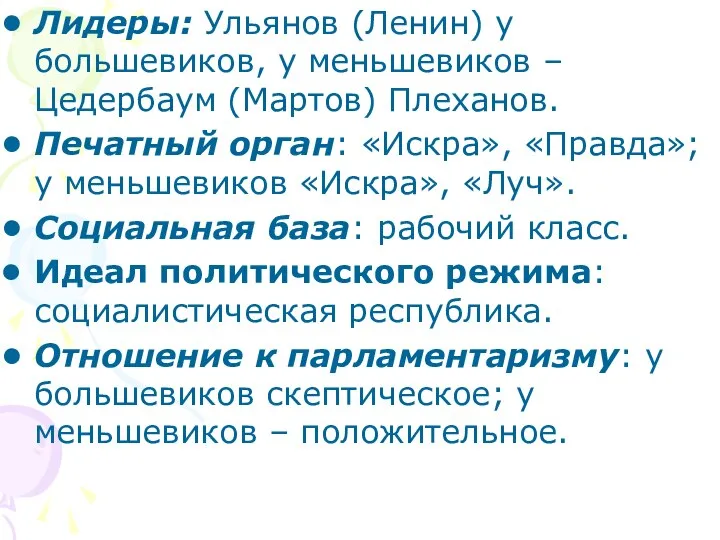 Лидеры: Ульянов (Ленин) у большевиков, у меньшевиков – Цедербаум (Мартов) Плеханов.