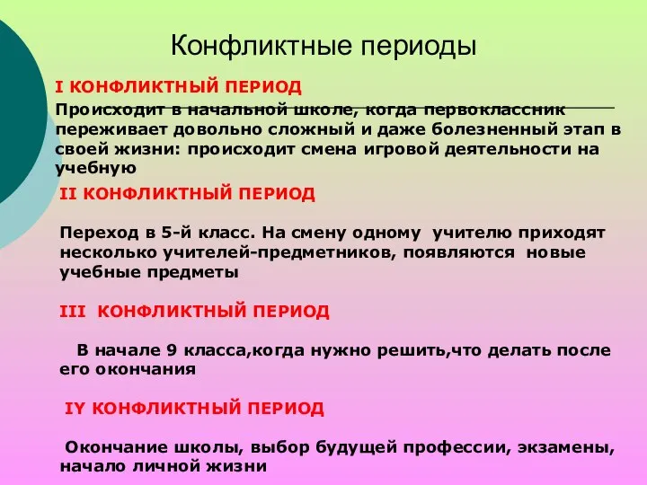 Конфликтные периоды II КОНФЛИКТНЫЙ ПЕРИОД Переход в 5-й класс. На смену