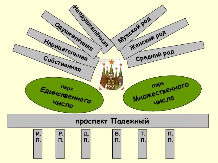 Собственная Нарицательная Одушевлённая Неодушевлённая Мужской род Женский род Средний род парк