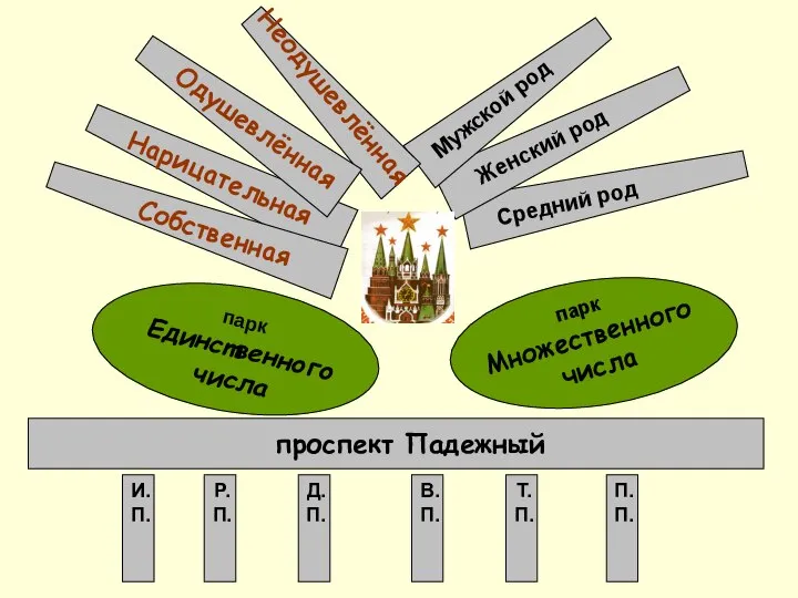 Собственная Нарицательная Одушевлённая Неодушевлённая Мужской род Женский род Средний род парк