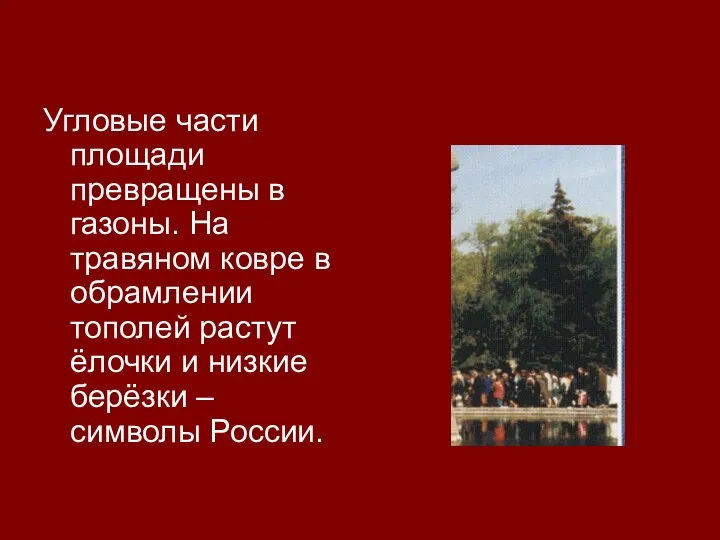 Угловые части площади превращены в газоны. На травяном ковре в обрамлении