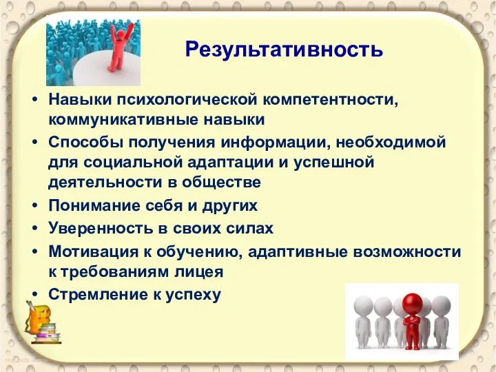 Результативность Навыки психологической компетентности, коммуникативные навыки Способы получения информации, необходимой для