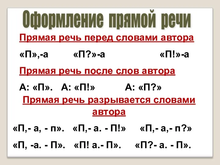 Прямая речь перед словами автора «П»,-а «П?»-а «П!»-а Прямая речь после