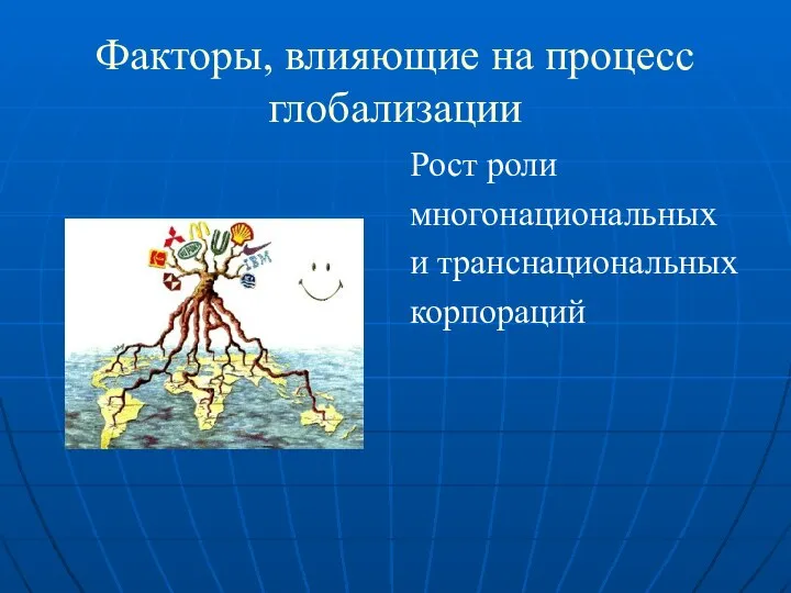 Факторы, влияющие на процесс глобализации Рост роли многонациональных и транснациональных корпораций